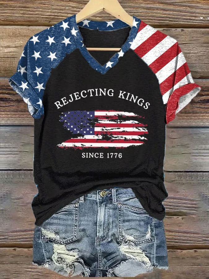 Women's Rejecting Kings Since 1776 American Flag Print Graphic Tee