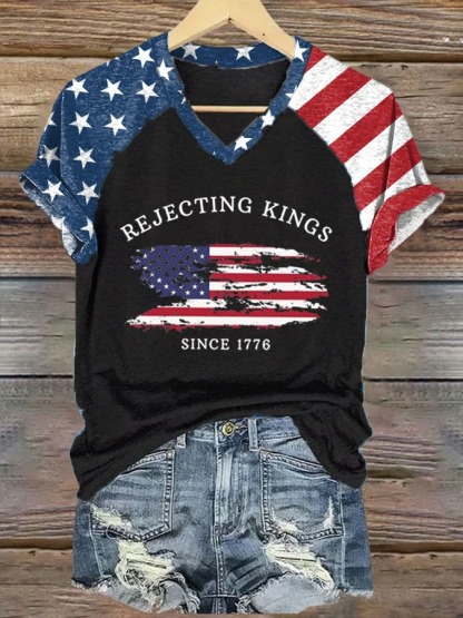 Women's Rejecting Kings Since 1776 American Flag Print Graphic Tee