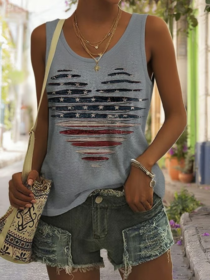 Women's Flag Printed Sleeveless Independent Day Graphic Tee
