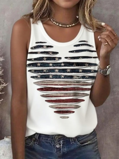 Women's Love Flag Printed Sleeveless 4th Of July Graphic Tee