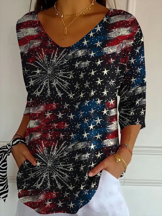 Women's Indepedence Day Printed V Neck Graphic Tee | Pod4team