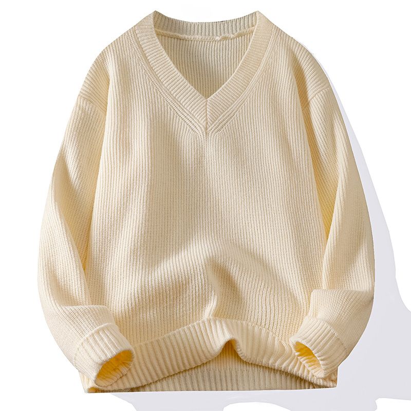 Men's short solid color V-neck knitted sweater
