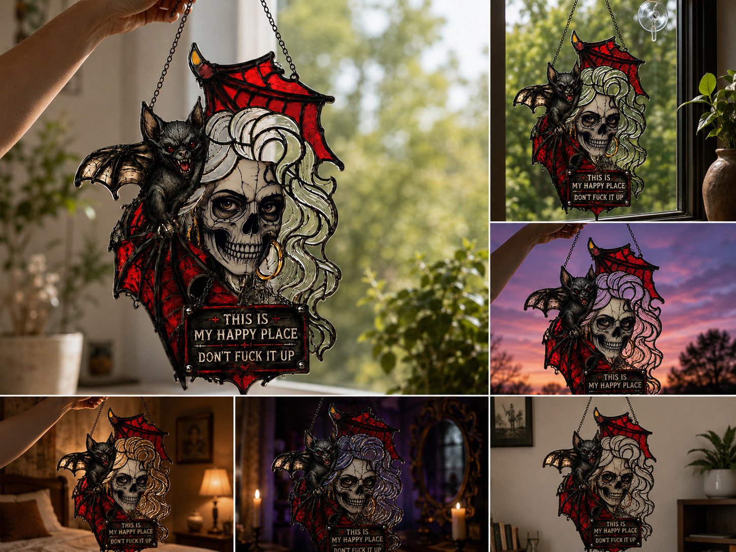 🔥Last Day Sale 50%🔥🦇💀Gothic Skull & Bat “My Happy Place” Hanging Art — Mood-Responsive Hair Effect Wall Decor✨