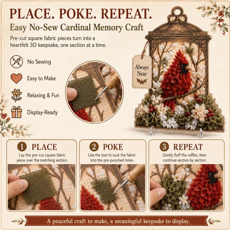 🔥LAST DAY 70% OFF-🕊️ Always Near 3D Fabric Poke Art Memory Lantern Kit | No-Sew Bird Keepsake Craft with Pre-Punched Board, Display Stand & Keepsake Tag ✨