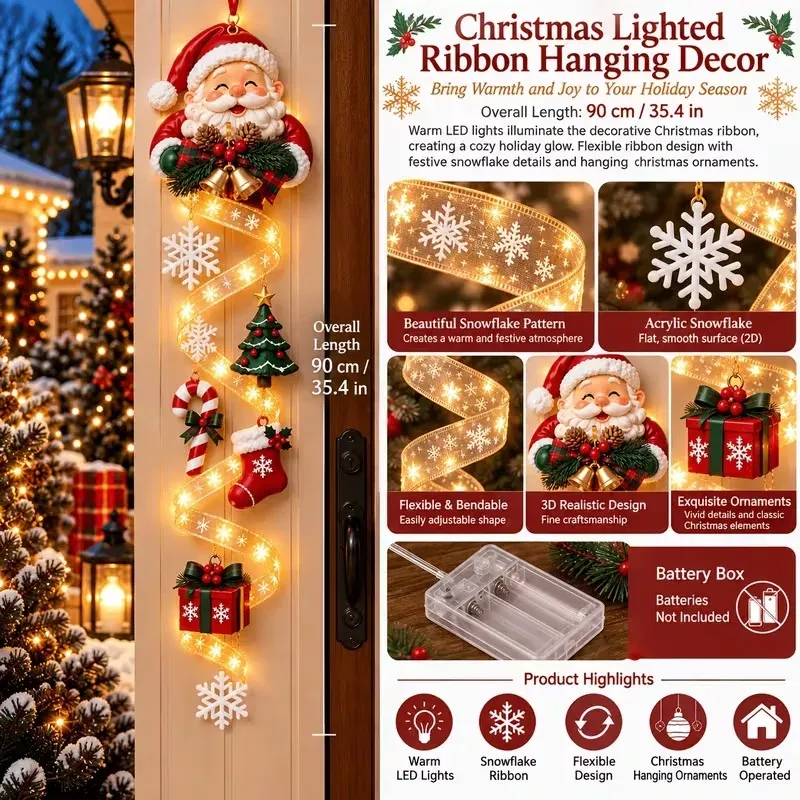 🔥Last 40pcs🎉-🎄Lighted Christmas Ribbon Hanging Door Decor
