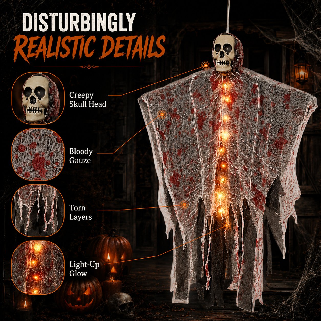 🔥Last 30pcs🎉-🩸Light-Up Bloody Hanging Ghost – 💀Creepy Skeleton Halloween Porch & Haunted House Decor
