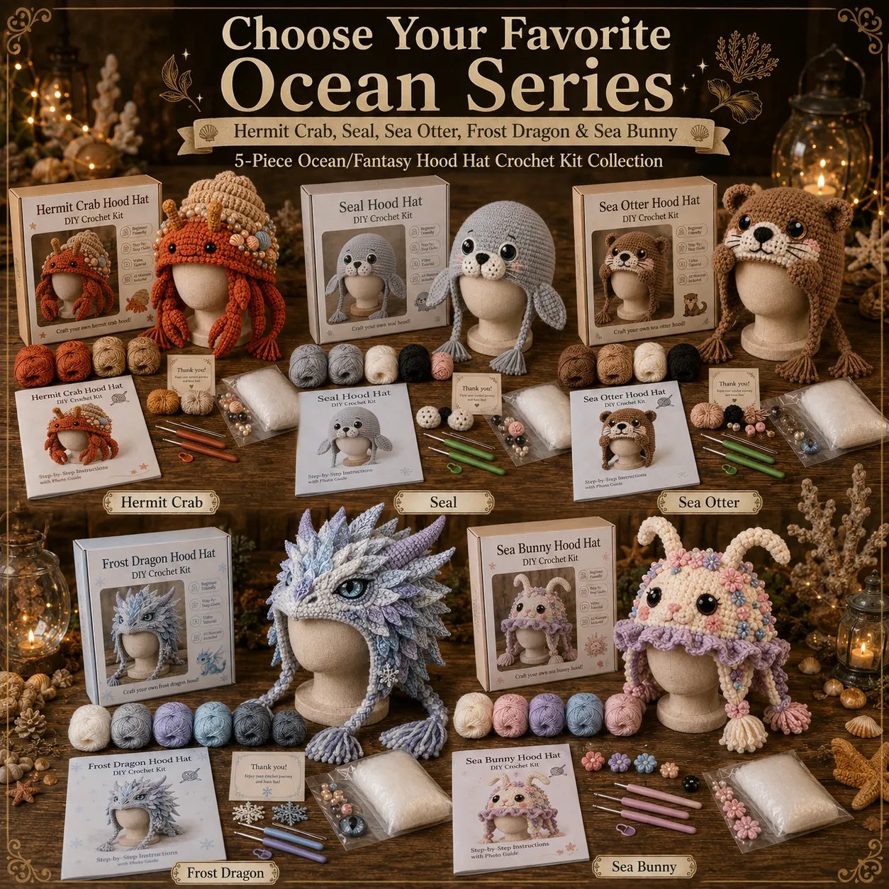🔥 LAST DAY 70% OFF – 🌊✨ Ocean Series Hood Hat DIY Crochet Kit | Premium Soft Yarn Materials with Step-by-Step Guide DIY Handmade Wearable Ocean Character Hood 🧶🎭✨