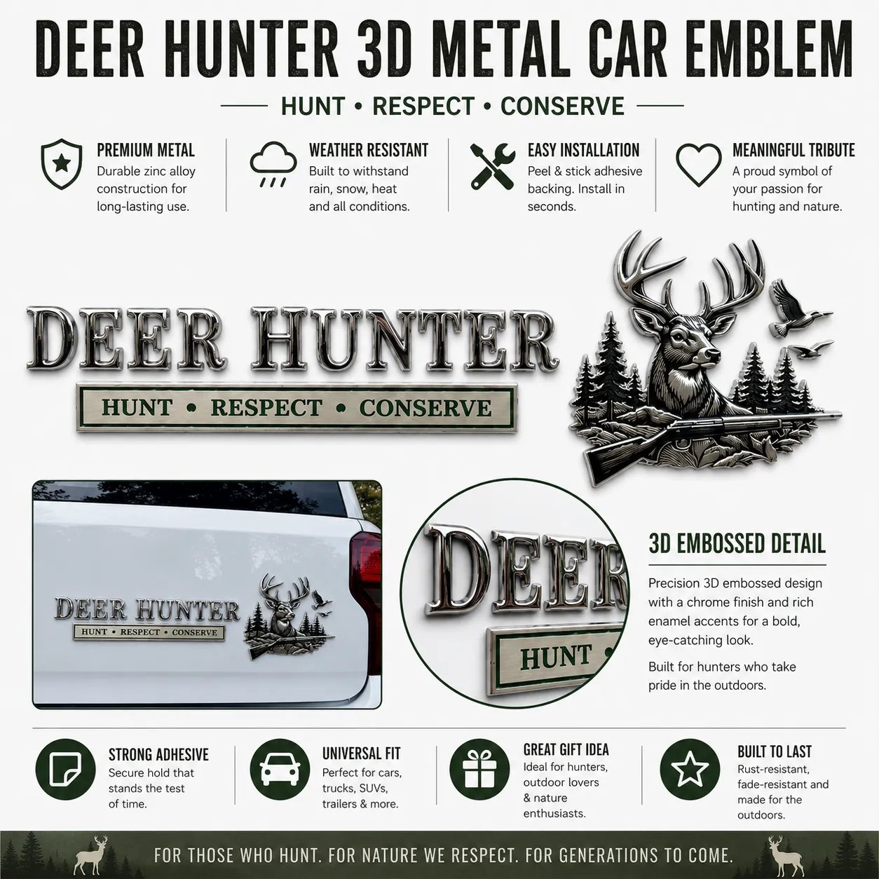 🎁LAST DAY 50% OFF🦌 Deer Hunter Respect Conserve Metal Car Emblem✨