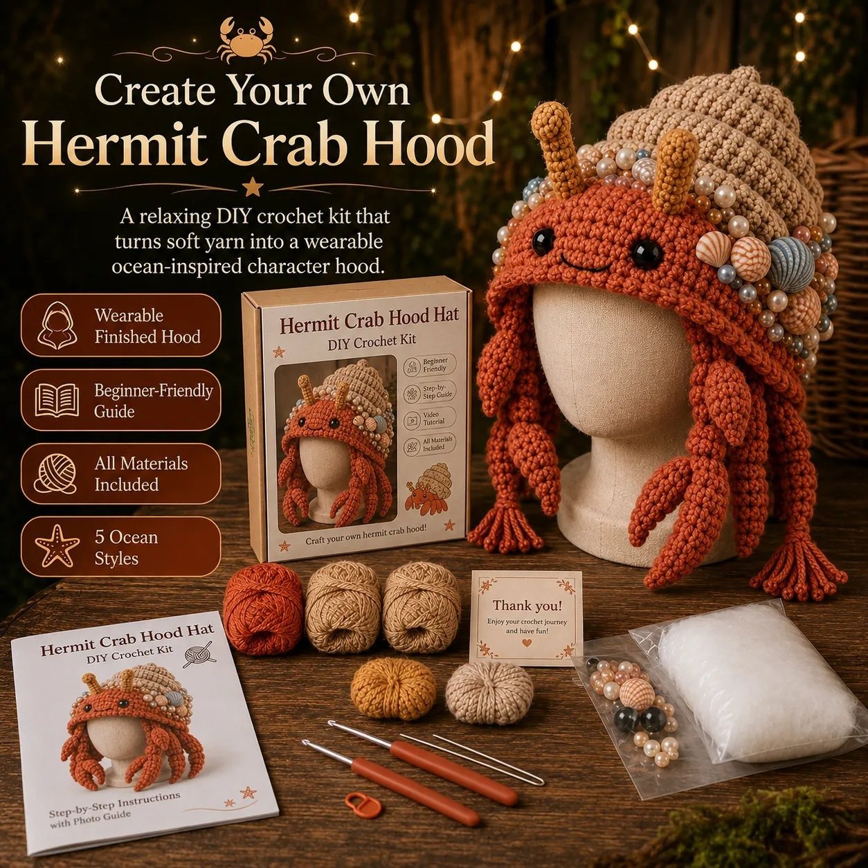🔥 LAST DAY 70% OFF – 🌊✨ Ocean Series Hood Hat DIY Crochet Kit | Premium Soft Yarn Materials with Step-by-Step Guide DIY Handmade Wearable Ocean Character Hood 🧶🎭✨