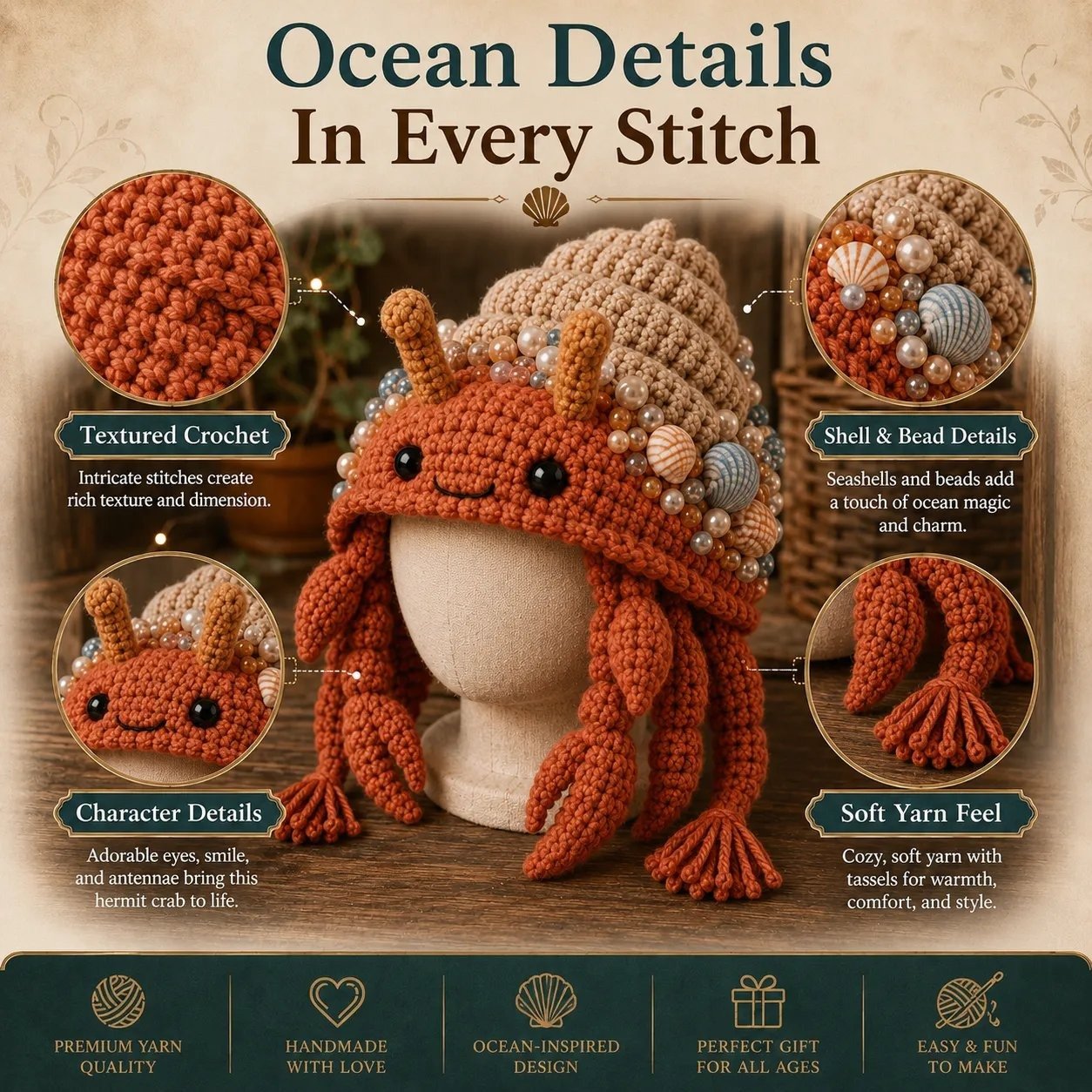 🔥 LAST DAY 70% OFF – 🌊✨ Ocean Series Hood Hat DIY Crochet Kit | Premium Soft Yarn Materials with Step-by-Step Guide DIY Handmade Wearable Ocean Character Hood 🧶🎭✨