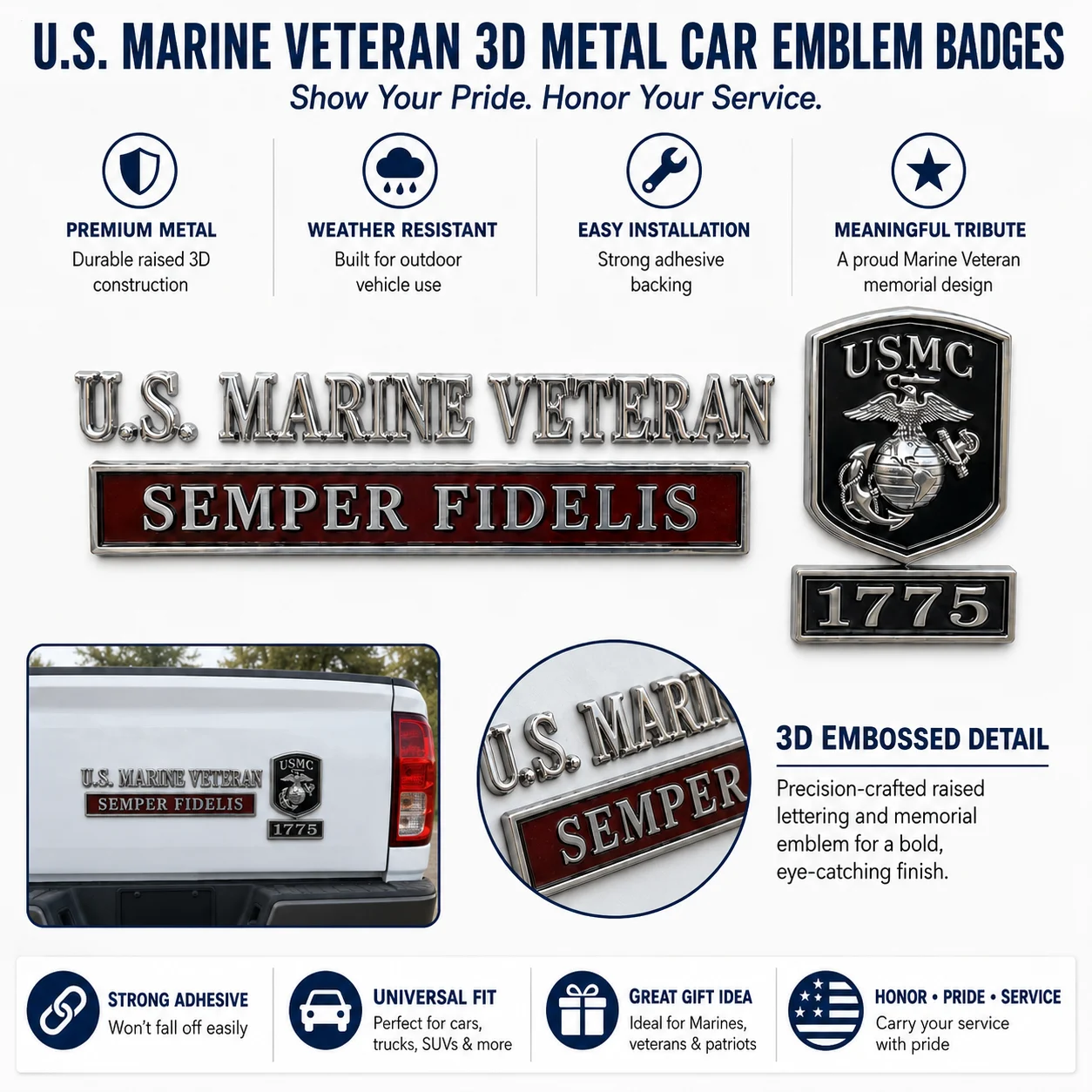 🦅 U.S. Marines Veteran Semper Fidelis 3D Metal Car Emblem Badge – Honor Courage Commitment Vehicle Decal for Marine Corps Veterans