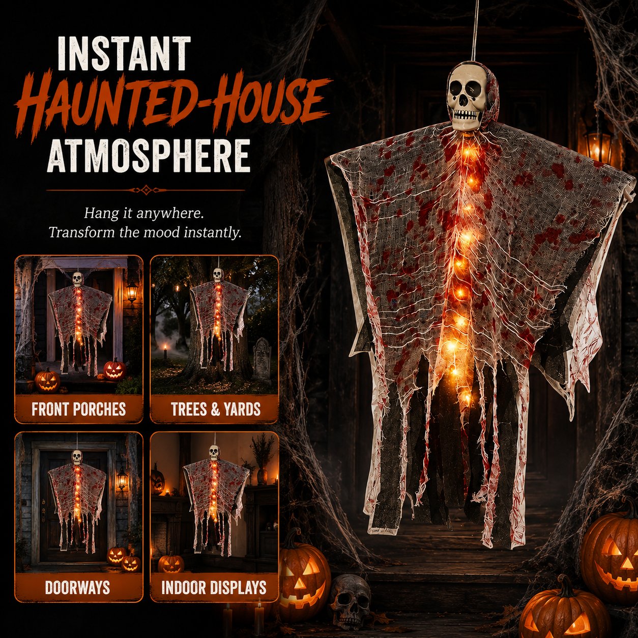 🔥Last 30pcs🎉-🩸Light-Up Bloody Hanging Ghost – 💀Creepy Skeleton Halloween Porch & Haunted House Decor