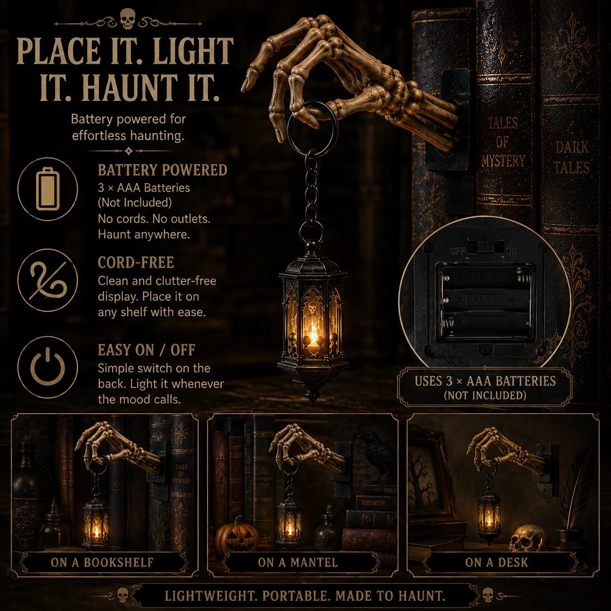 🔥Last 45pcs🎉-💀 Skeleton Hand Lantern Bookshelf Light | Cord-Free Design & No-Tool Setup 🕯️