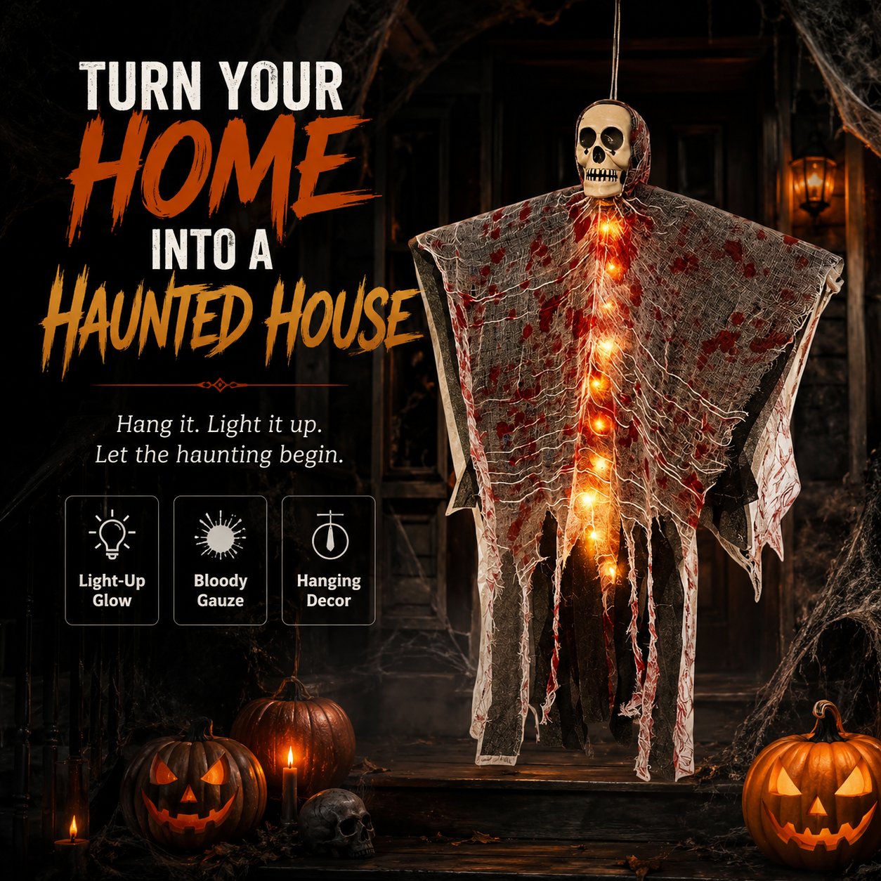 🔥Last 30pcs🎉-🩸Light-Up Bloody Hanging Ghost – 💀Creepy Skeleton Halloween Porch & Haunted House Decor