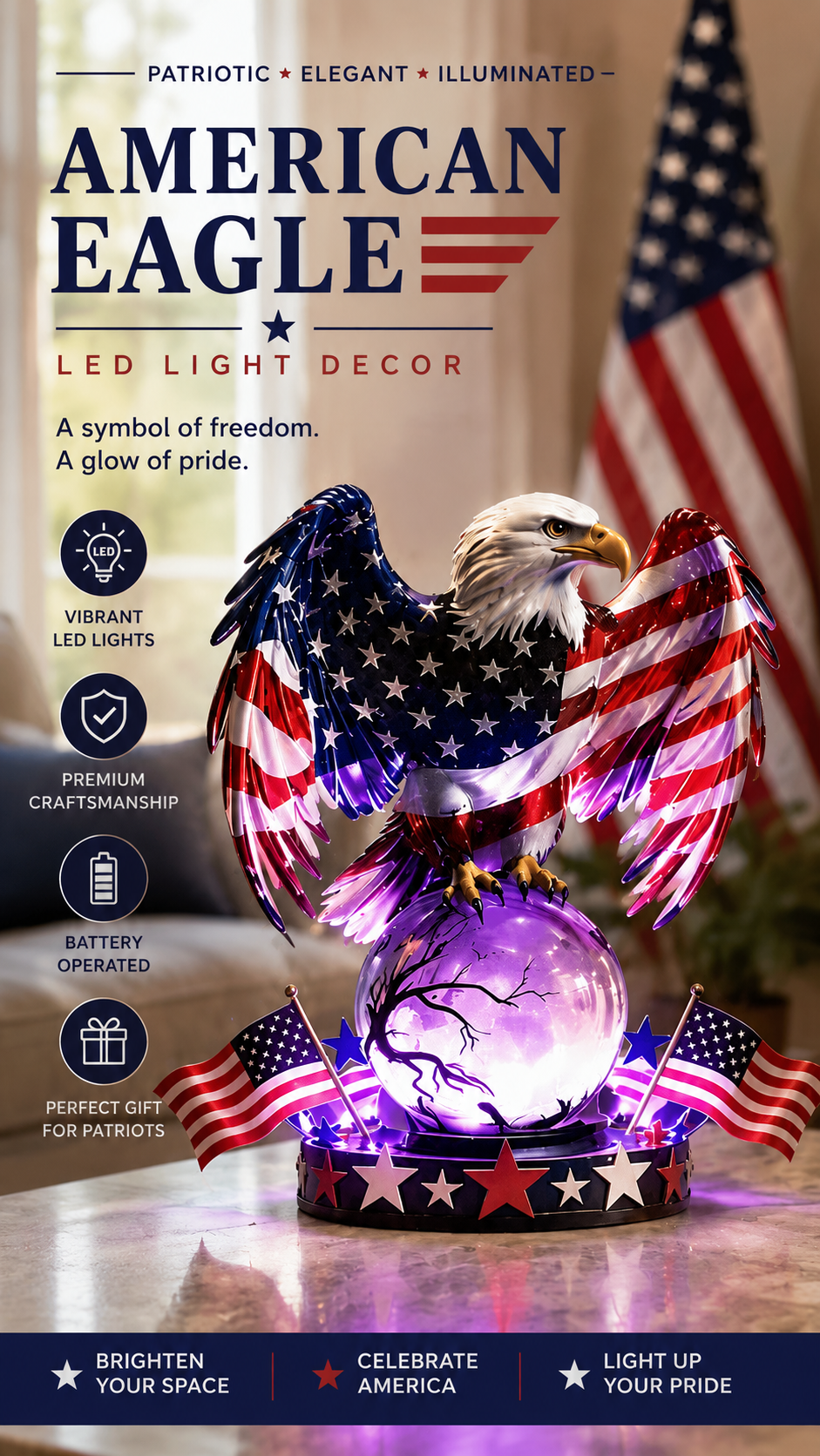 🔥Limited Time 70% OFF- 🇺🇸 Freedom Eagle Patriotic LED Table Lamp – American Pride Decor
