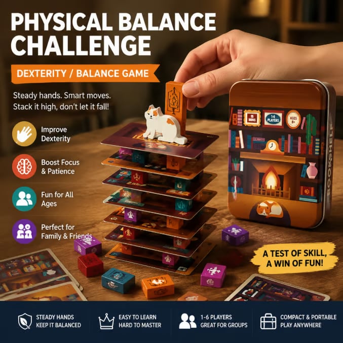 🔥Last 45pcs🎉-📚🎲Bookshelf Cooperative Stacking Game | Skill & Balance Card and Book Tower Game in Travel Tin