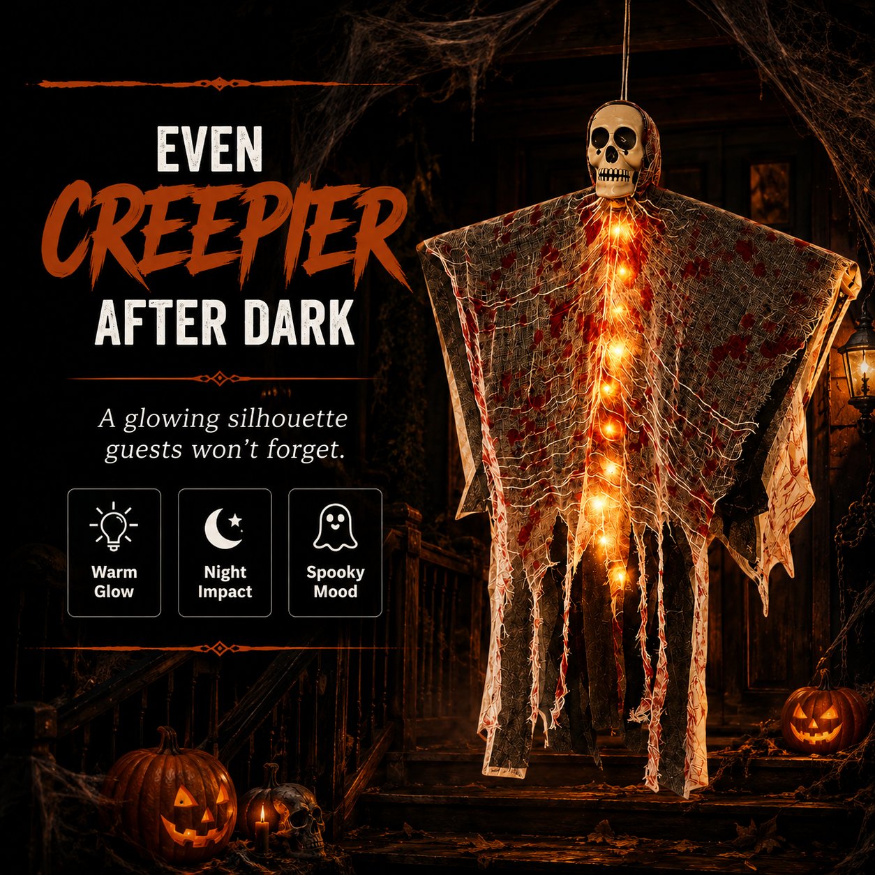 🔥Last 30pcs🎉-🩸Light-Up Bloody Hanging Ghost – 💀Creepy Skeleton Halloween Porch & Haunted House Decor