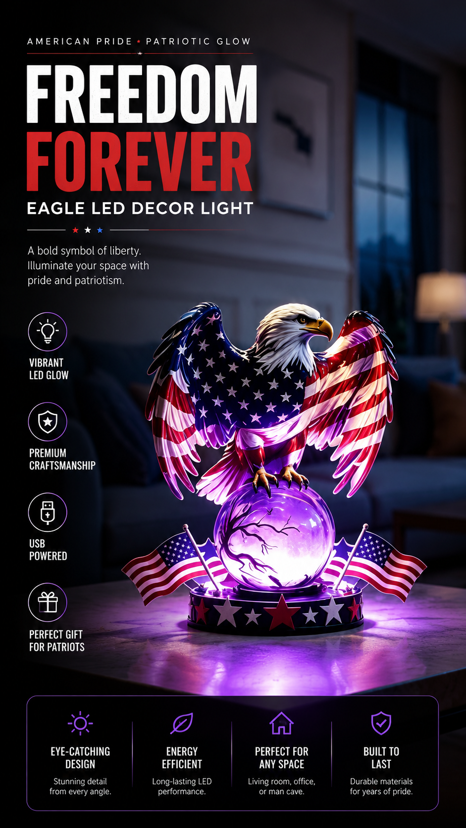 🔥Limited Time 70% OFF- 🇺🇸 Freedom Eagle Patriotic LED Table Lamp – American Pride Decor