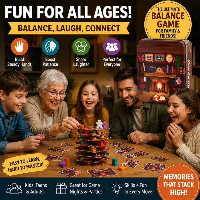 🔥Last 45pcs🎉-📚🎲Bookshelf Cooperative Stacking Game | Skill & Balance Card and Book Tower Game in Travel Tin