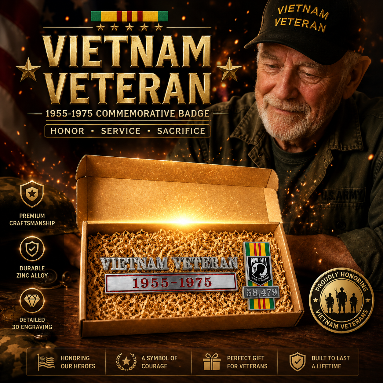 ⚡50K+ SOLD!🔥Vietnam Veteran 1955–1975 Memorial Car Emblem Metal Badge