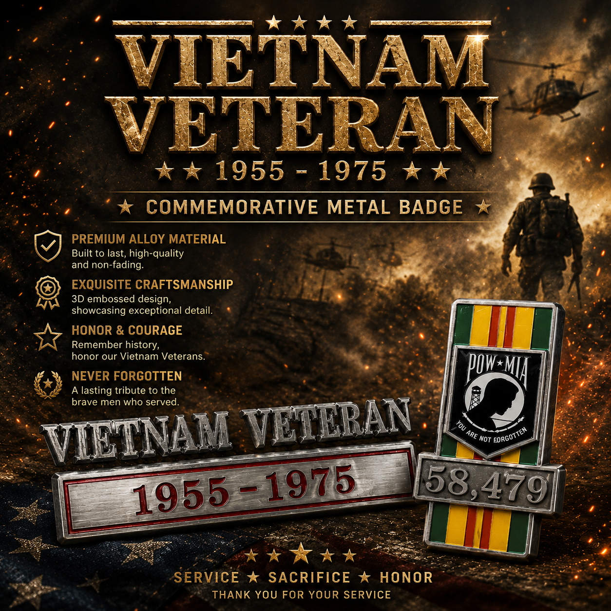 ⚡50K+ SOLD!🔥Vietnam Veteran 1955–1975 Memorial Car Emblem Metal Badge
