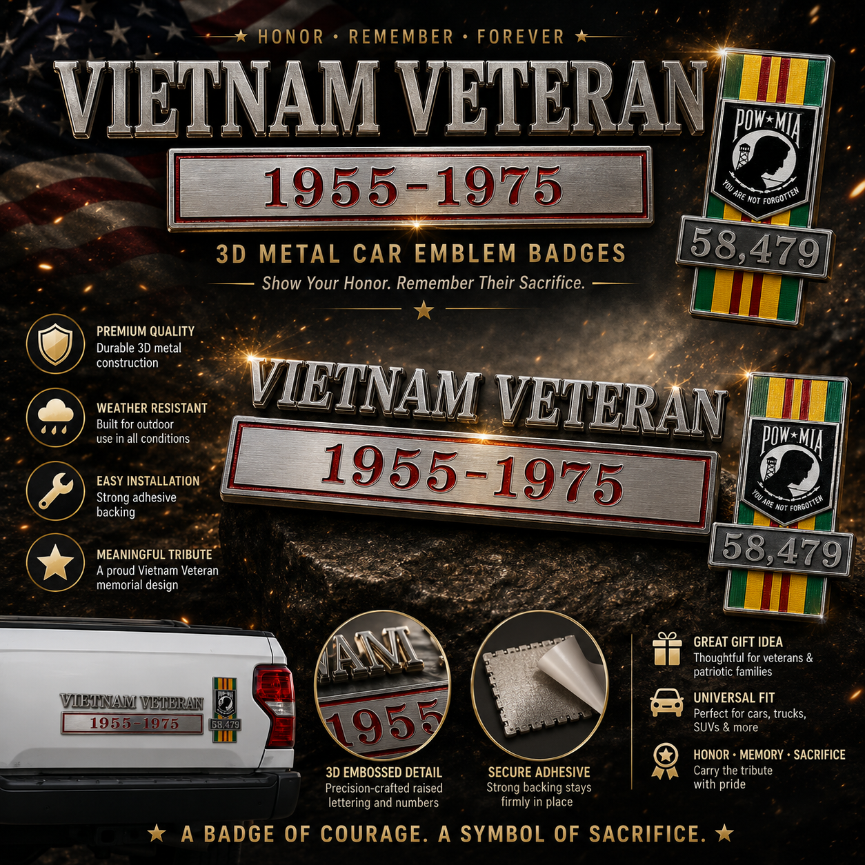 ⚡50K+ SOLD!🔥Vietnam Veteran 1955–1975 Memorial Car Emblem Metal Badge