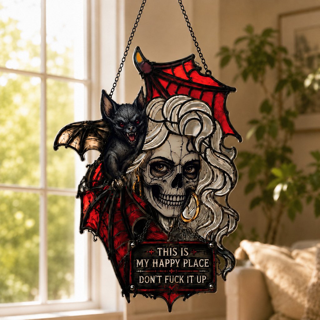 🔥Last Day Sale 50%🔥🦇💀Gothic Skull & Bat “My Happy Place” Hanging Art — Mood-Responsive Hair Effect Wall Decor✨
