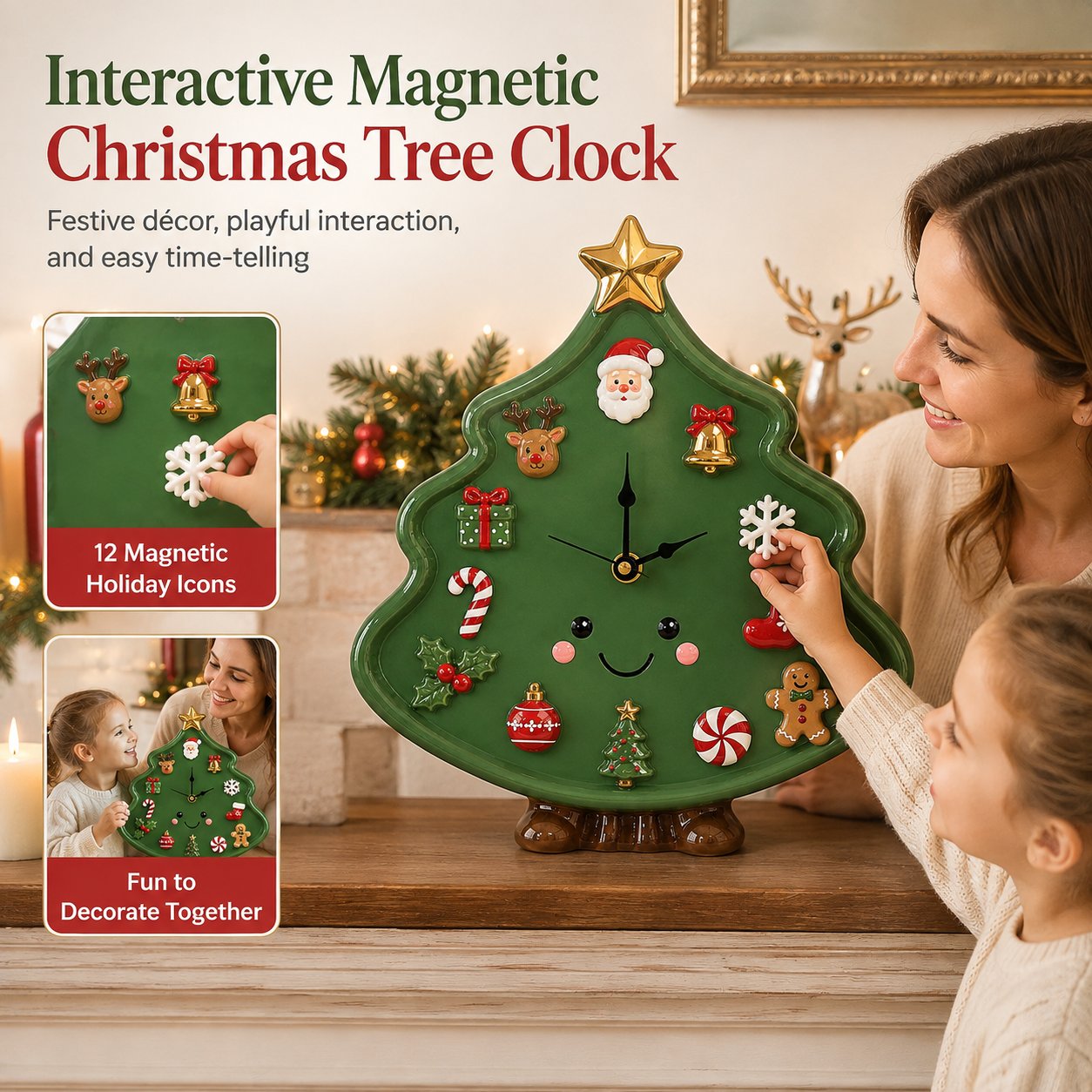 ⏳ Last Day 70% OFF – 🎄Interactive Christmas Holiday Activity Clock | Built-In Clock with 12 Rearrangeable Magnetic Icons for Learning, Creative Play & Festive Family Décor ✨