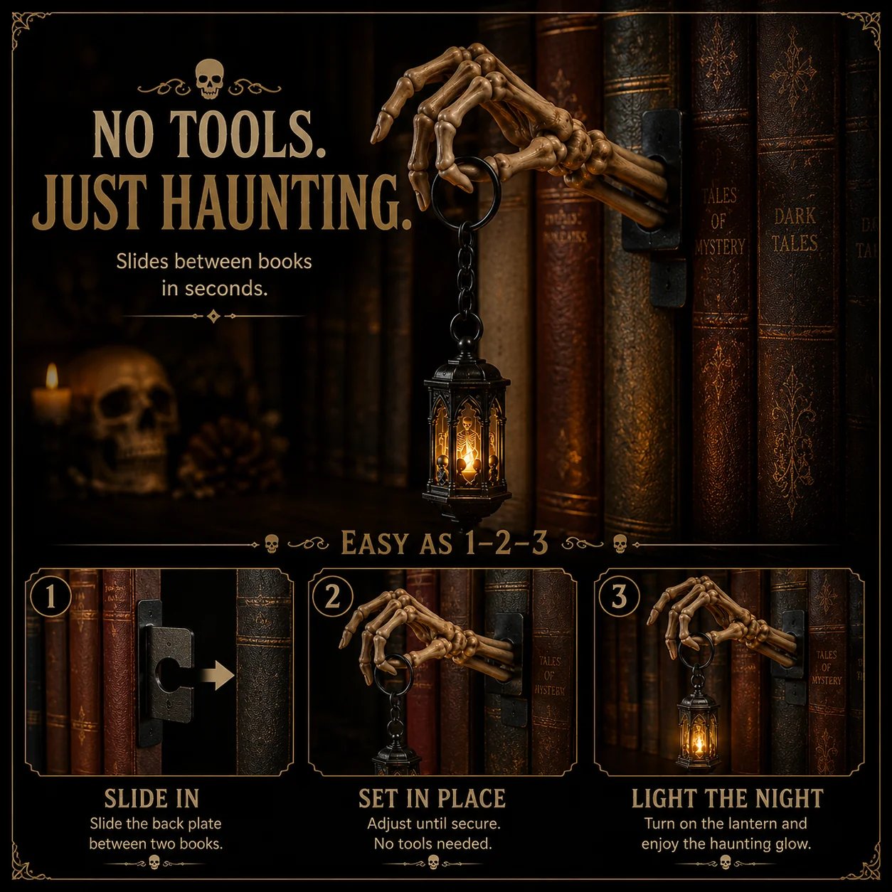 🔥Last 45pcs🎉-💀 Skeleton Hand Lantern Bookshelf Light | Cord-Free Design & No-Tool Setup 🕯️