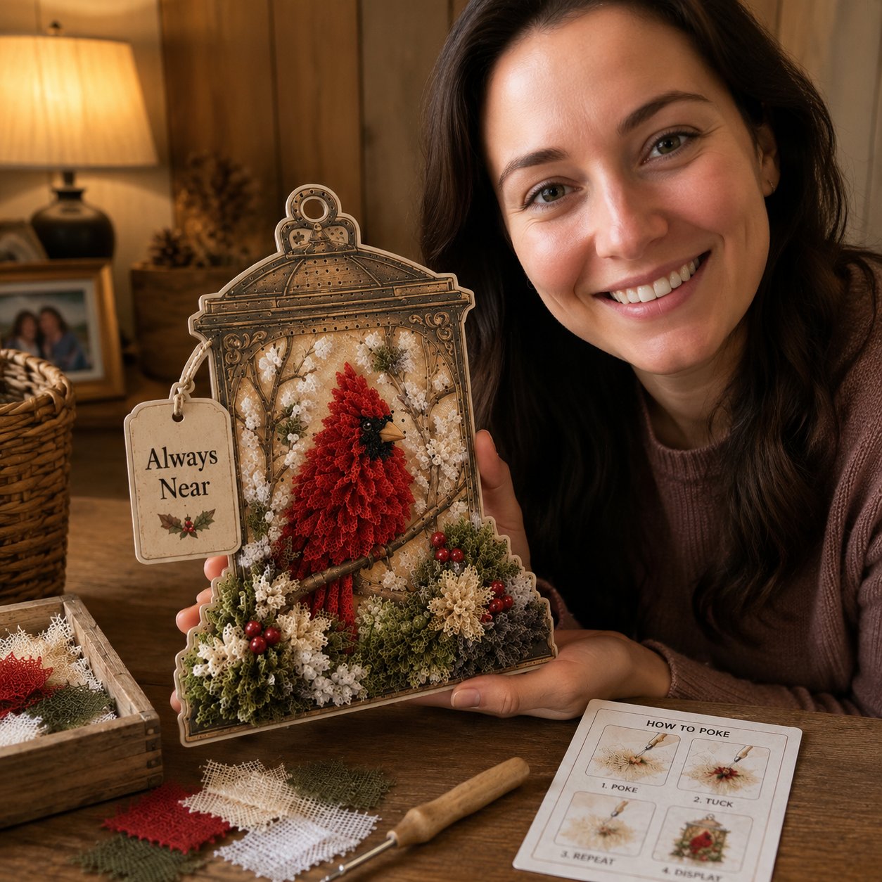 🔥LAST DAY 70% OFF-🕊️ Always Near 3D Fabric Poke Art Memory Lantern Kit | No-Sew Bird Keepsake Craft with Pre-Punched Board, Display Stand & Keepsake Tag ✨