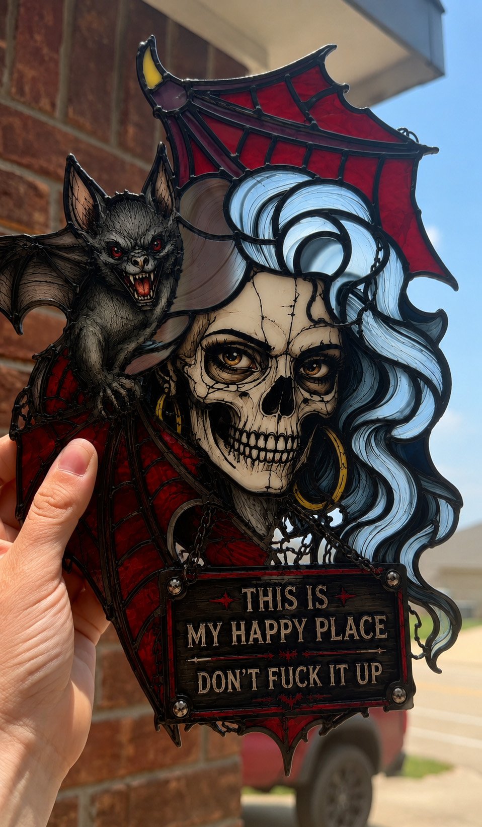 🔥Last Day Sale 50%🔥🦇💀Gothic Skull & Bat “My Happy Place” Hanging Art — Mood-Responsive Hair Effect Wall Decor✨