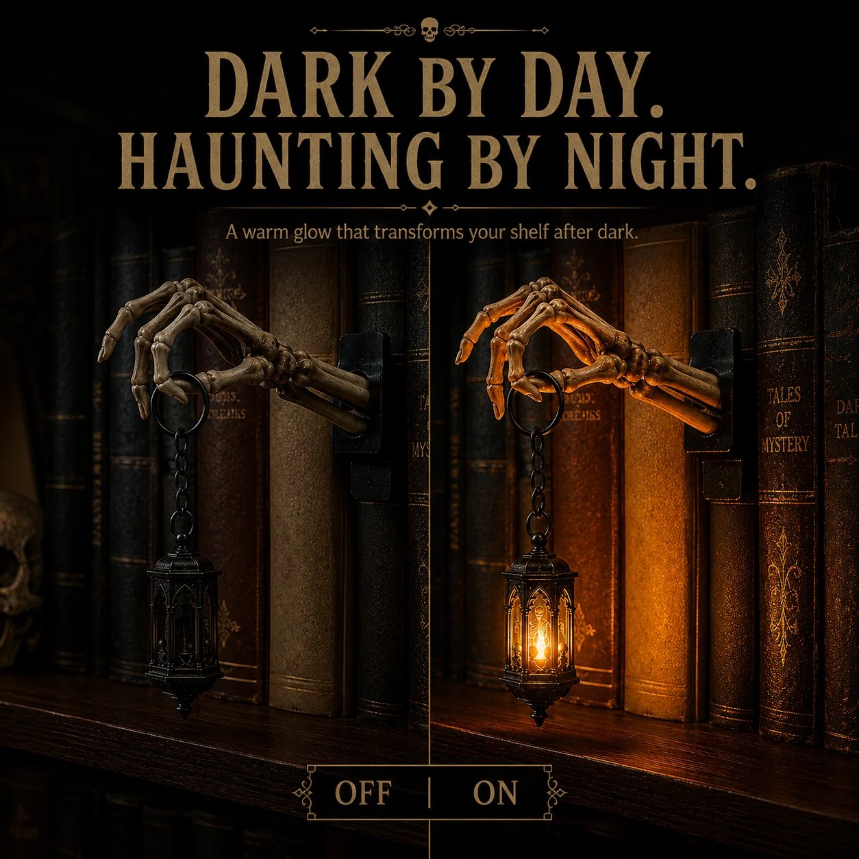🔥Last 45pcs🎉-💀 Skeleton Hand Lantern Bookshelf Light | Cord-Free Design & No-Tool Setup 🕯️