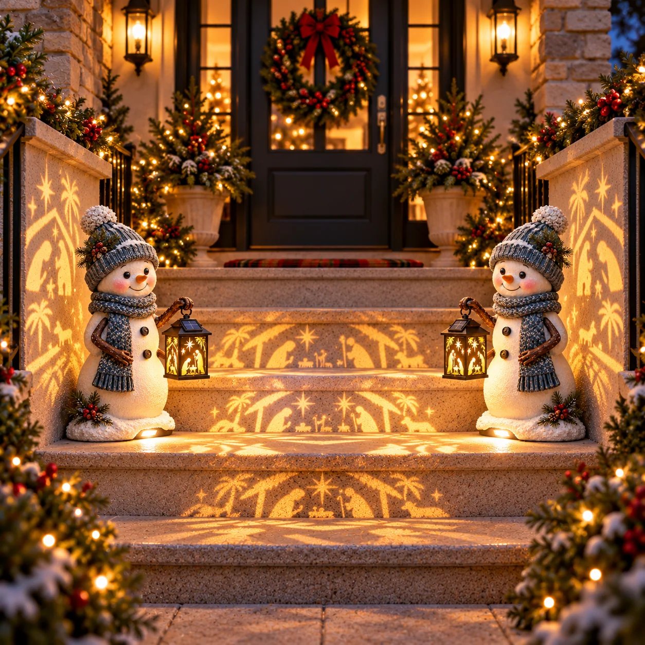 Pair of Snowman Nativity lights decorating Christmas front steps