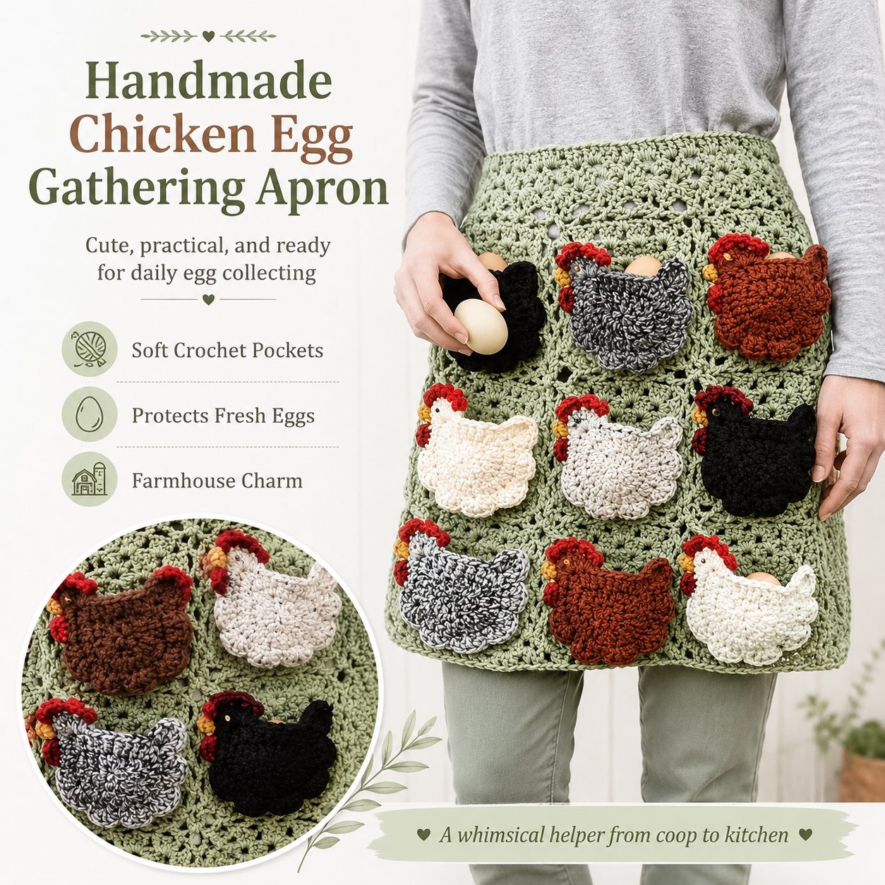 🏆Limited Time Sale 50% OFF🐓🥚 Handmade Crochet Chicken Egg Collecting Apron