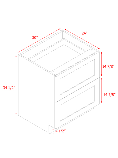 White Shaker - 30"W Drawer Base Cabinet 2-Drawers