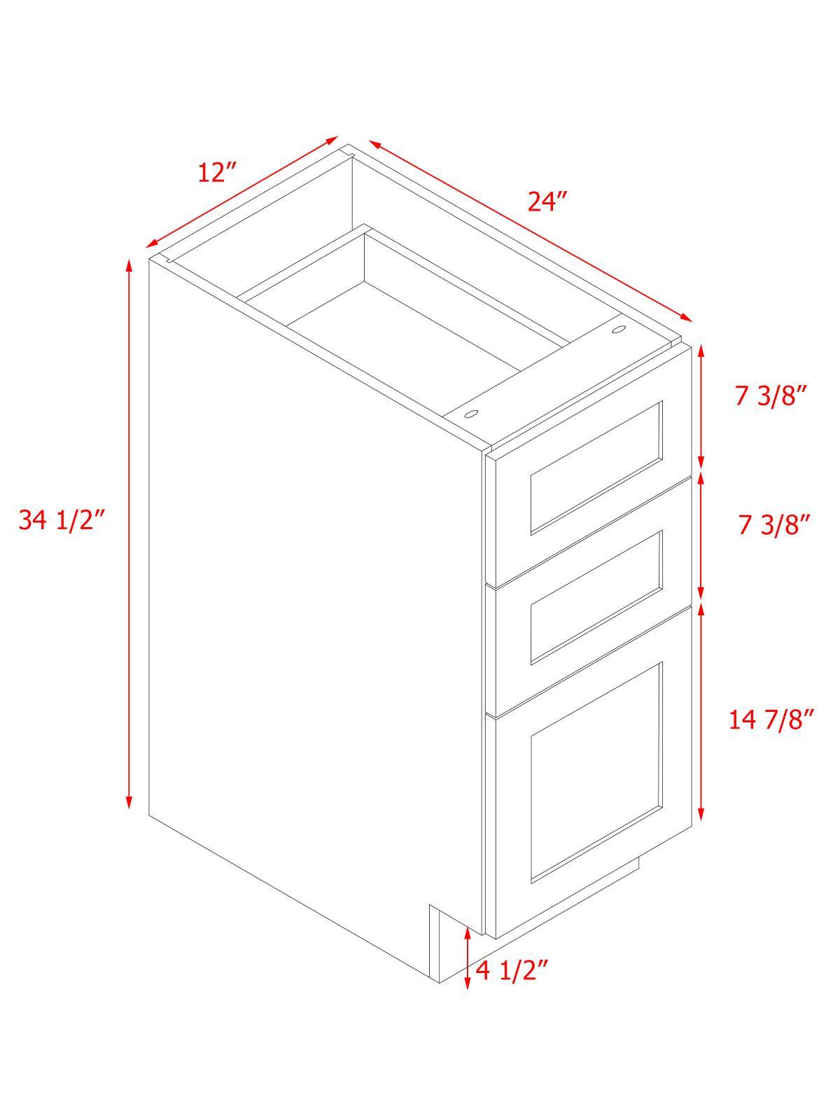 White Shaker - 12"W Drawer Base Cabinet 3-Drawers