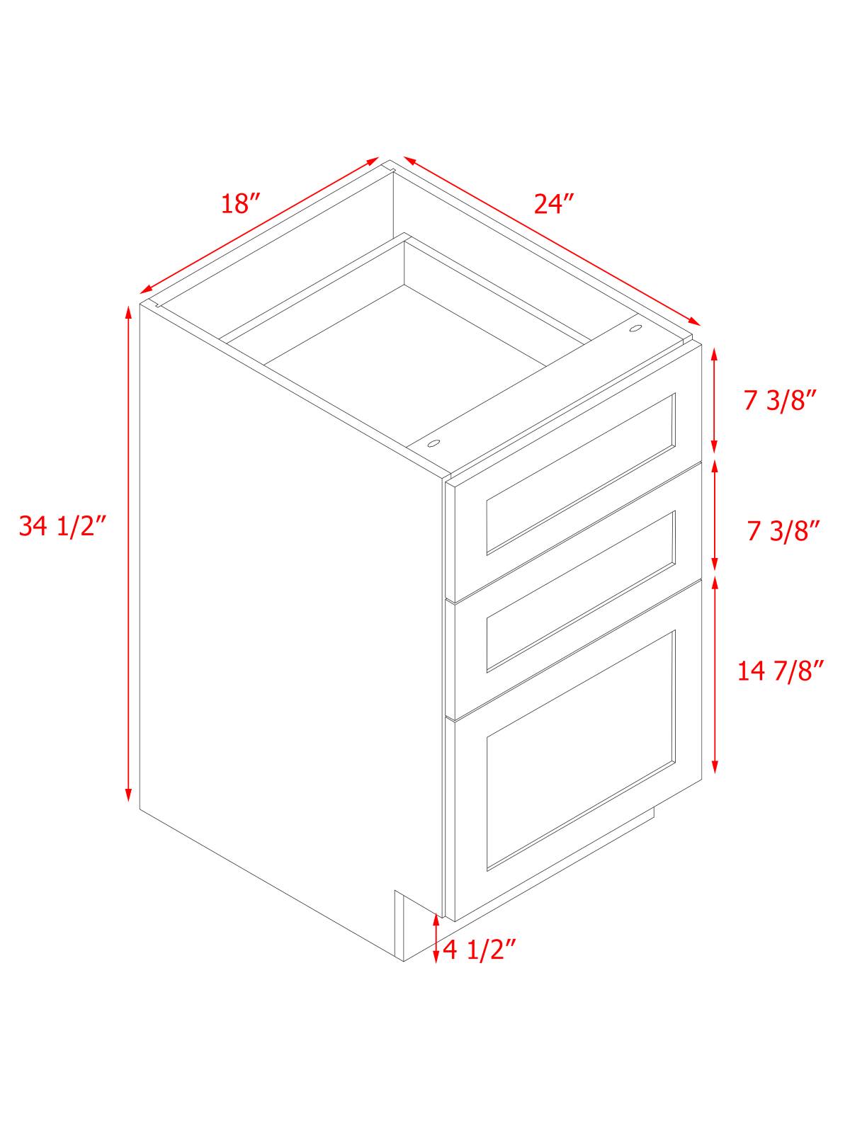 White Shaker - 18"W Drawer Base Cabinet 3-Drawers