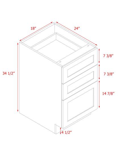 White Shaker - 18"W Drawer Base Cabinet 3-Drawers