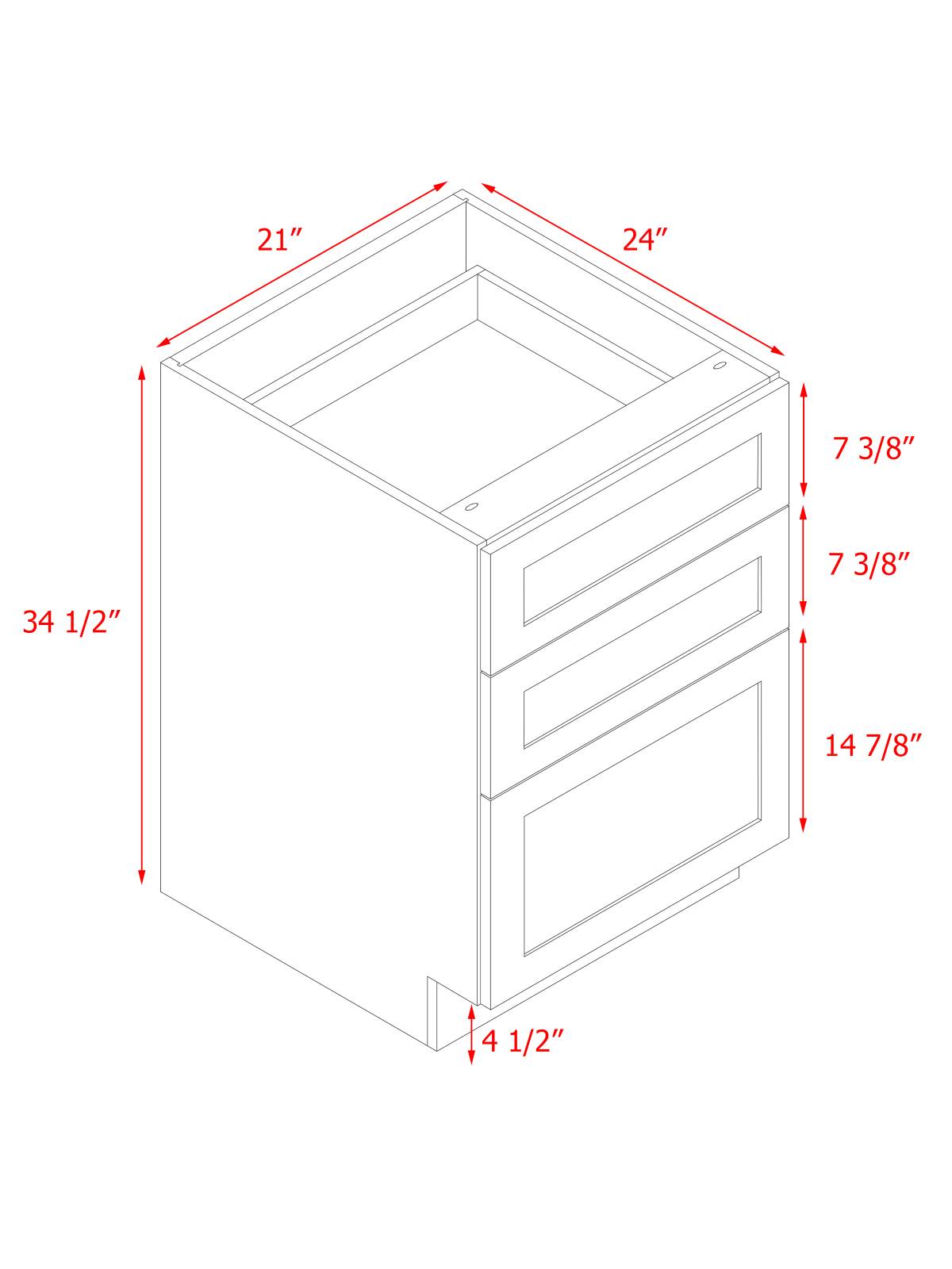 White Shaker - 21"W Drawer Base Cabinet 3-Drawers