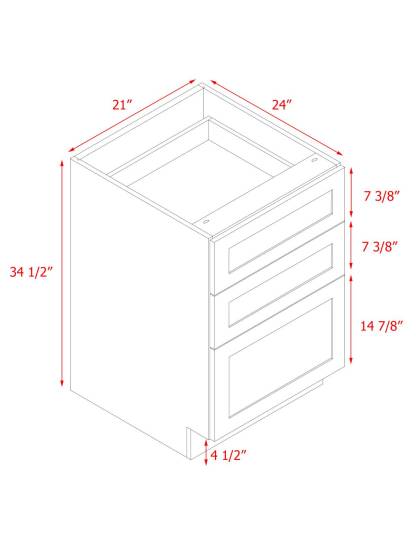 White Shaker - 21"W Drawer Base Cabinet 3-Drawers