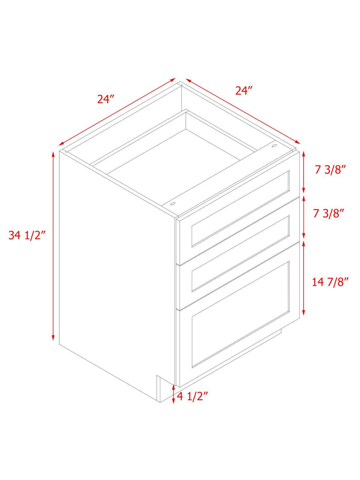 White Shaker - 24"W Drawer Base Cabinet 3-Drawers