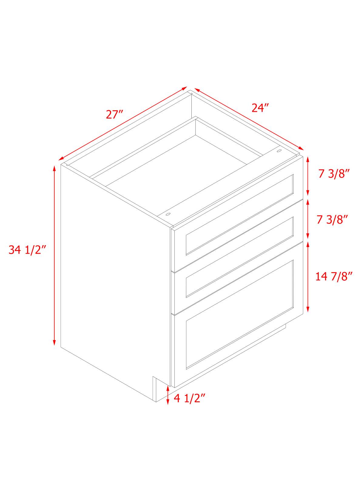 White Shaker - 27"W Drawer Base Cabinet 3-Drawers