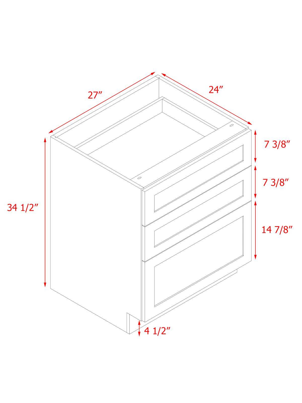 White Shaker - 27"W Drawer Base Cabinet 3-Drawers