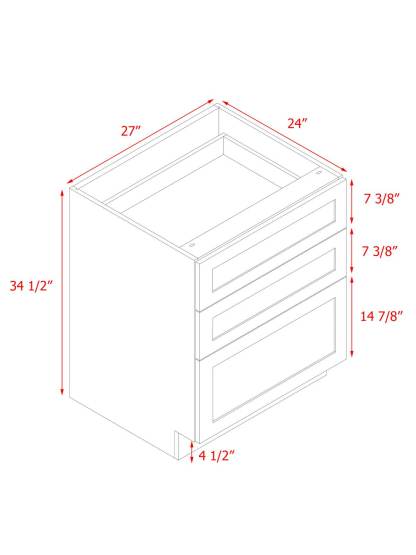 White Shaker - 27"W Drawer Base Cabinet 3-Drawers