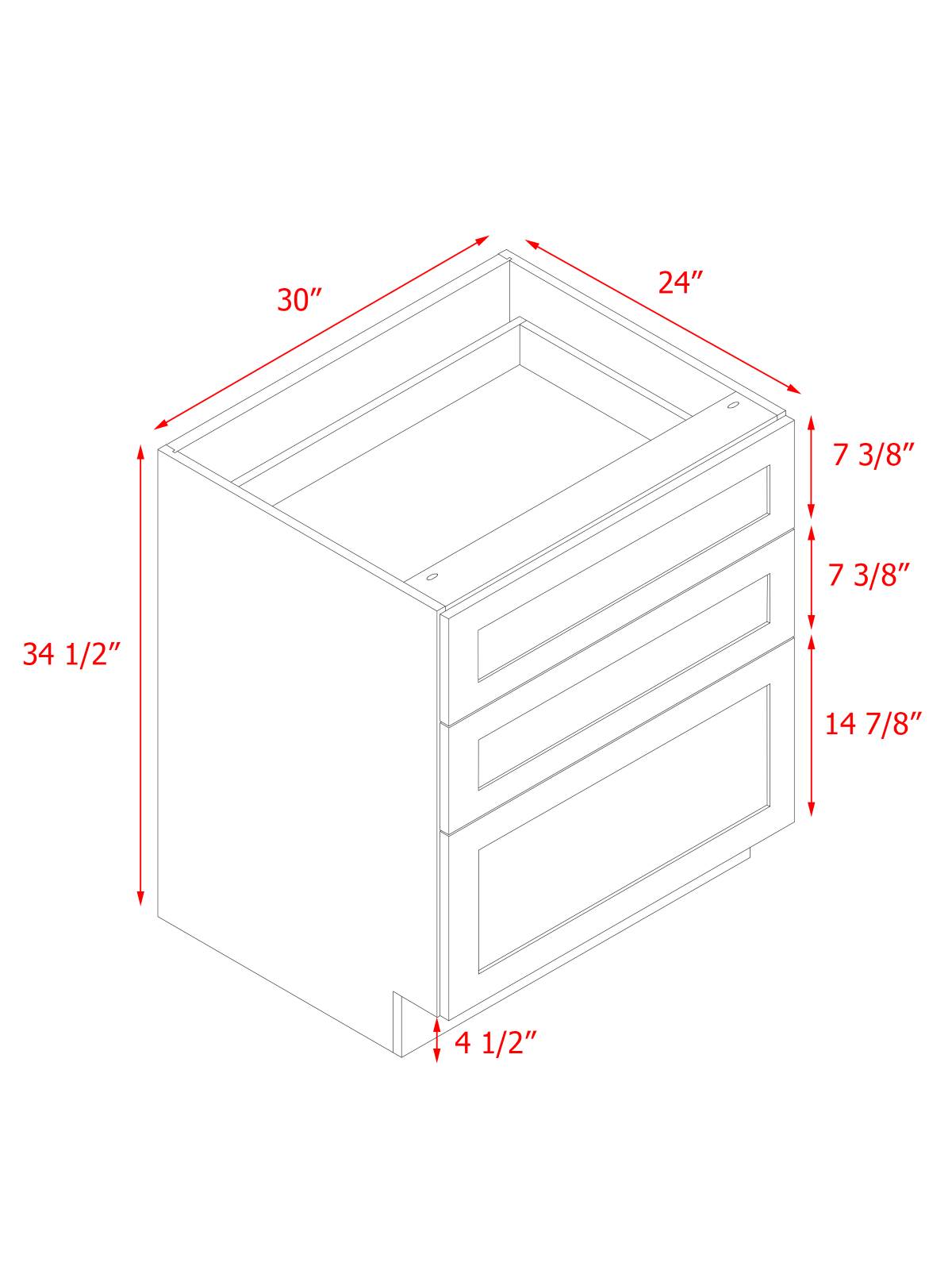 White Shaker - 30"W Drawer Base Cabinet 3-Drawers