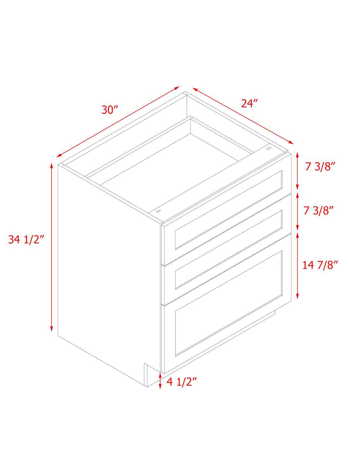 White Shaker - 30"W Drawer Base Cabinet 3-Drawers