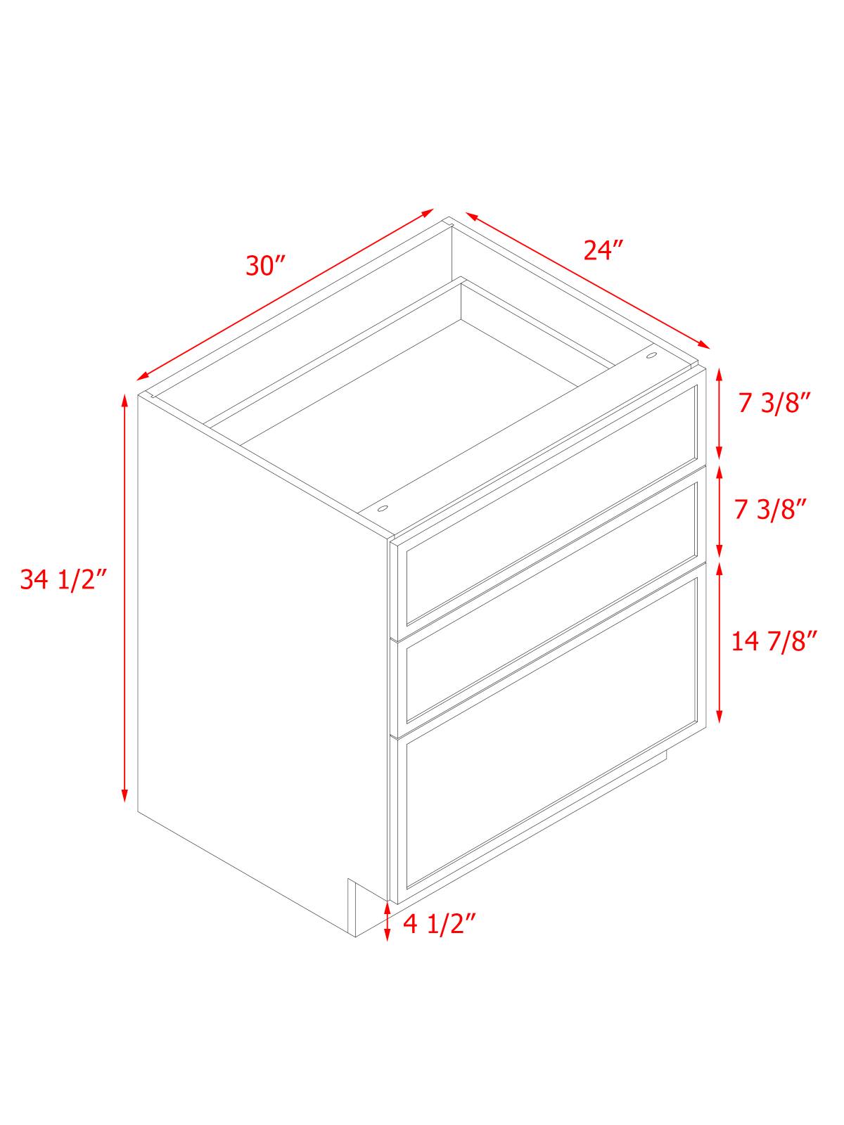 Natural Box Oak Slim - 30"W Drawer Base Cabinet 3-Drawers