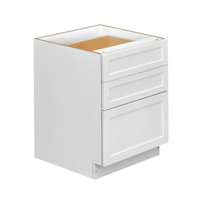 White Shaker - 30"W Drawer Base Cabinet 3-Drawers