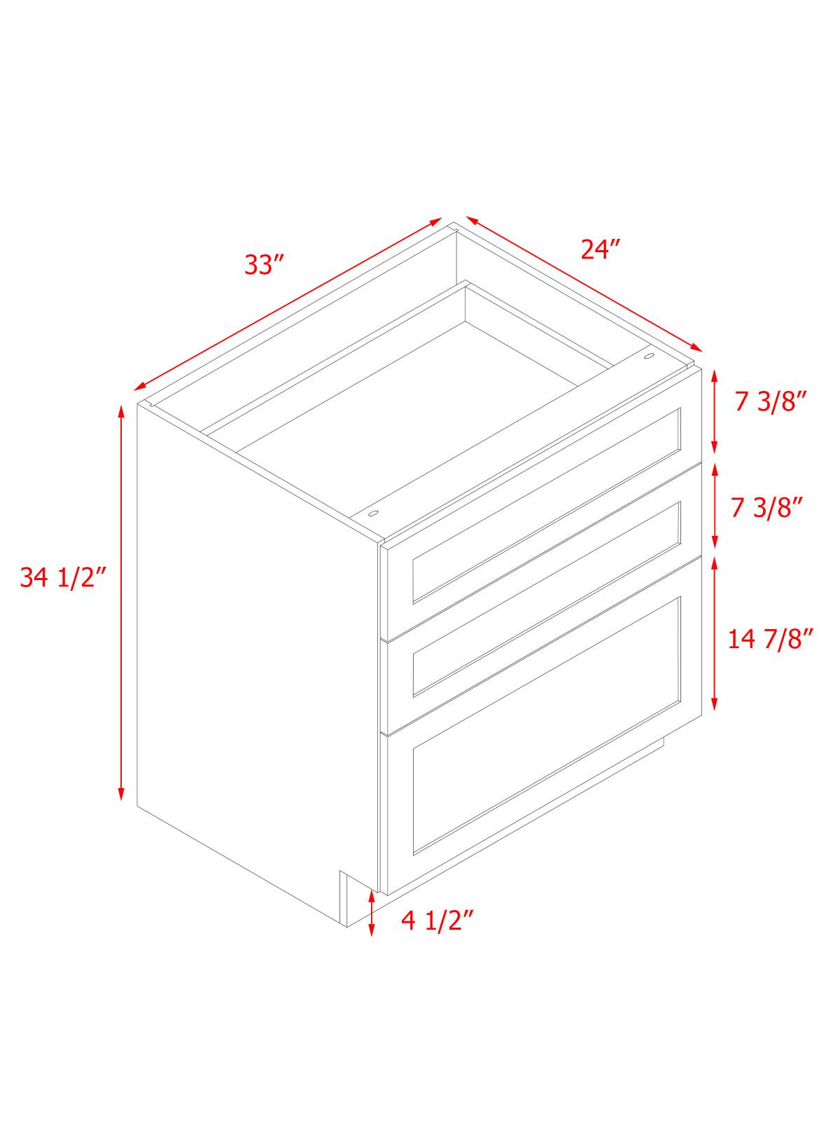 White Shaker - 33"W Drawer Base Cabinet 3-Drawers