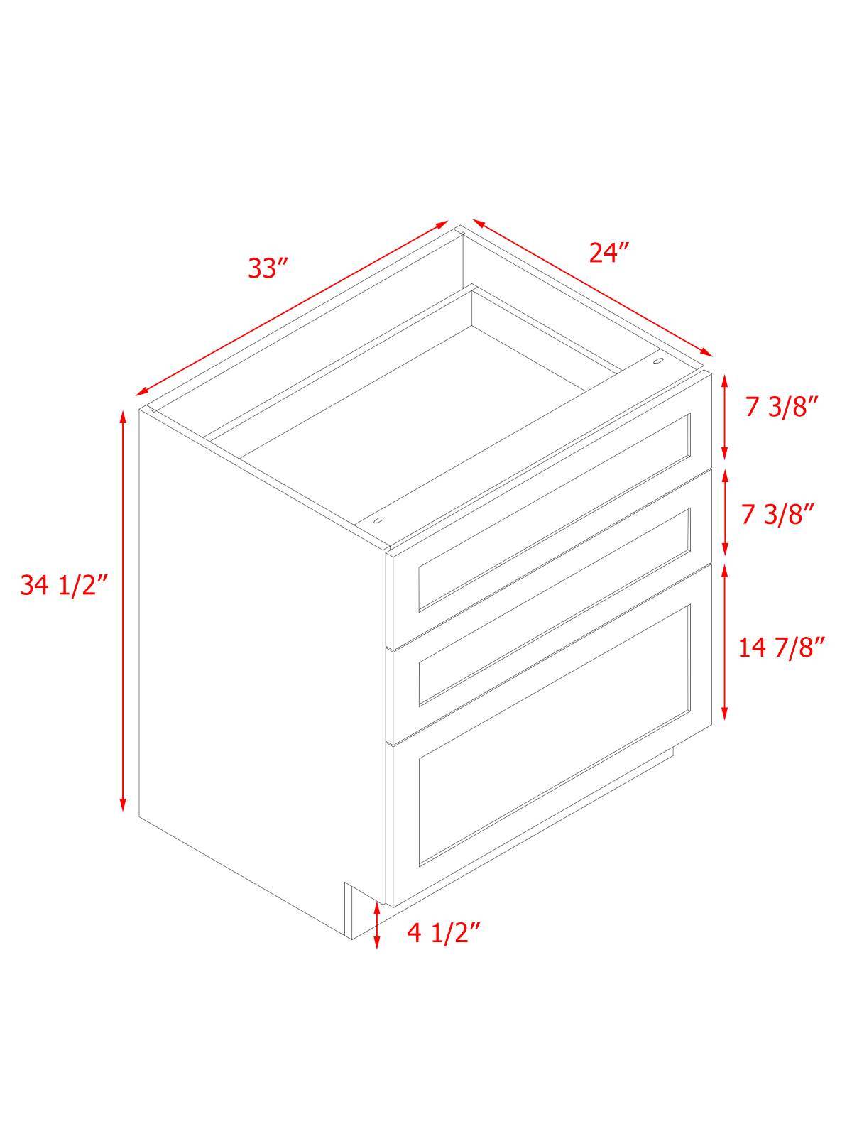 White Shaker - 33"W Drawer Base Cabinet 3-Drawers